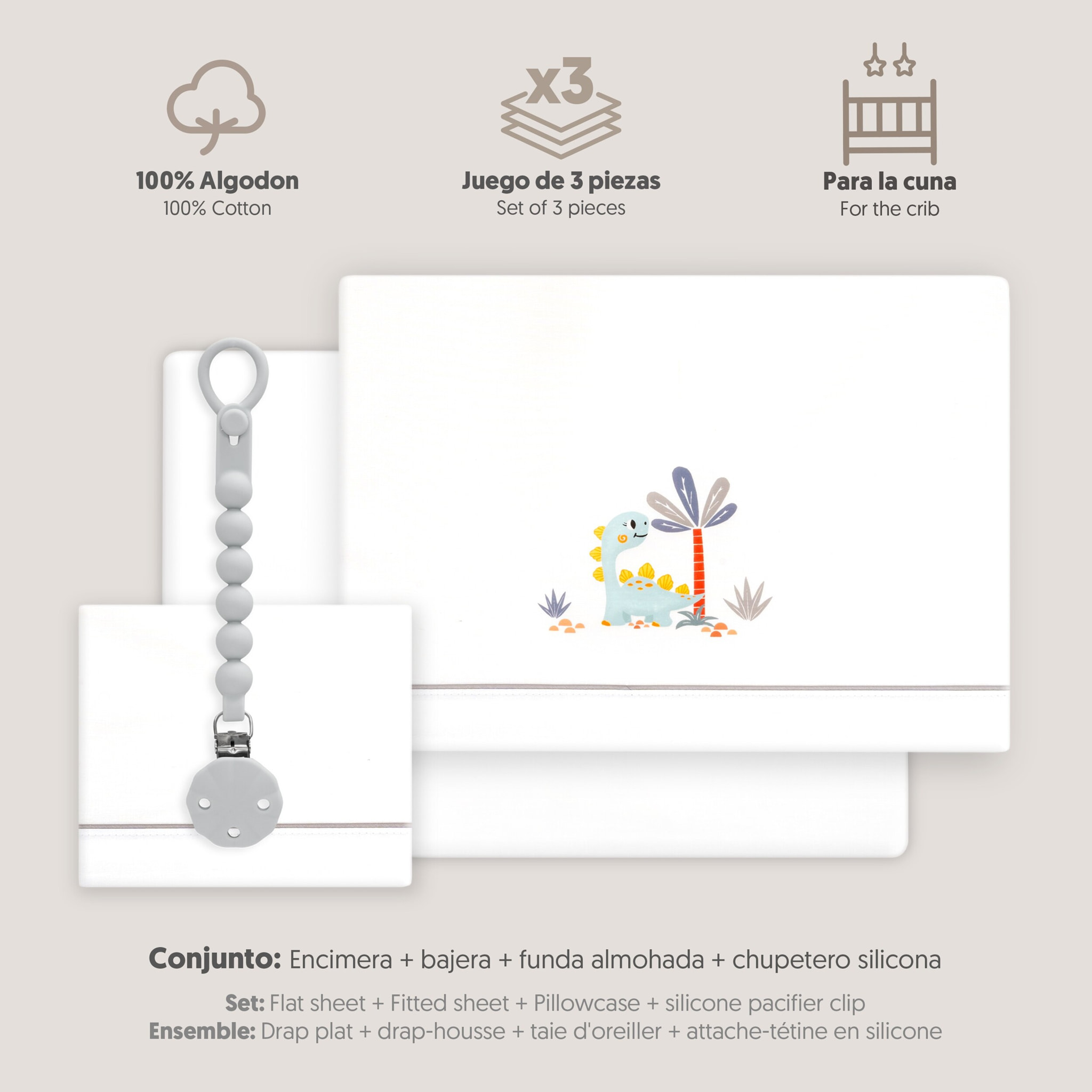Triptico Cuna Estampado Dinosaurio Palmera + Broche Bco/Gris