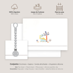 Triptico Cuna Estampado Dinosaurio Palmera + Broche Bco/Gris