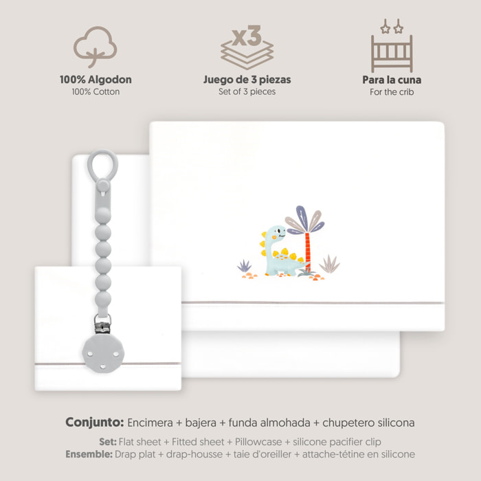 Triptico Cuna Estampado Dinosaurio Palmera + Broche Bco/Gris