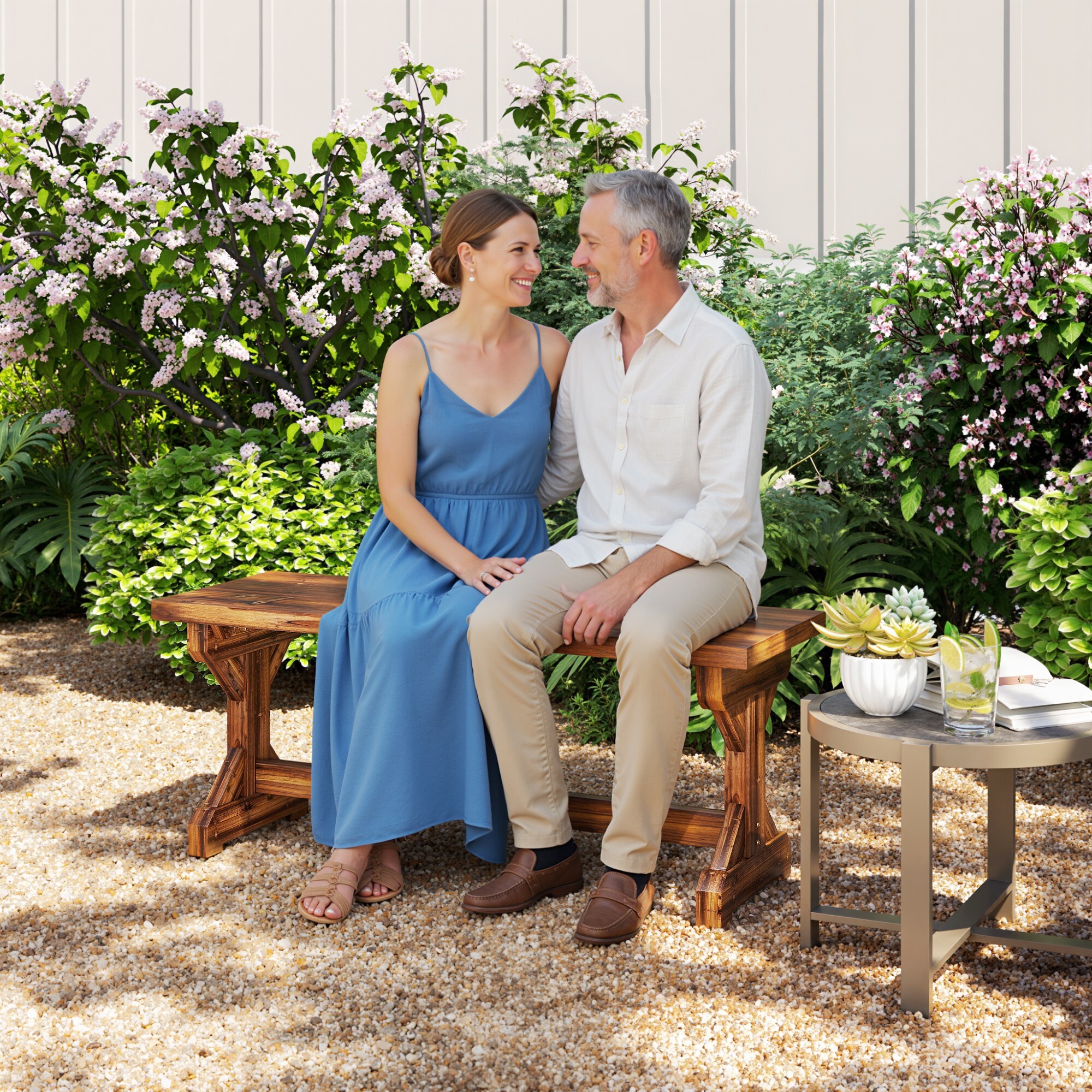 Banco de Jardín de Madera, Banco Rústico Exterior de 2 Plazas con Base en Forma de X, Carga 240 kg, para Patio, Porche, Parque, Balcón, 114x40x46 cm, Carbonizado