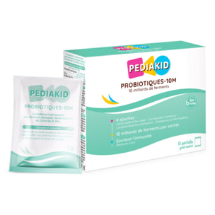 PEDIAKID - Probiotiques-10M - Rééquilibre la flore intestinale - Apporte 10 milliards de ferments lactiques - Soutient l'immunité - Dès 6 mois- Etui de 10 sachets