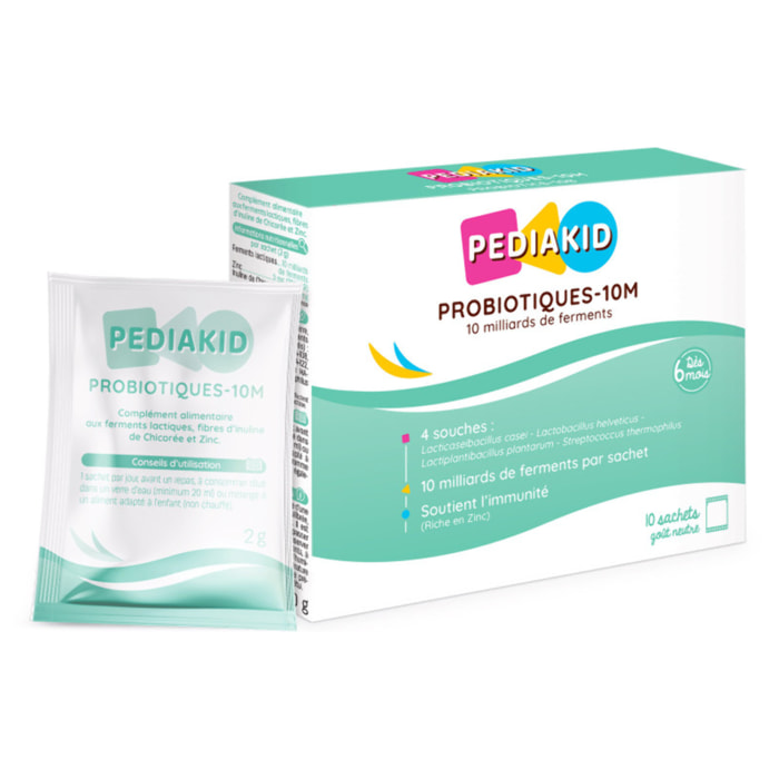 PEDIAKID - Probiotiques-10M - Rééquilibre la flore intestinale - Apporte 10 milliards de ferments lactiques - Soutient l'immunité - Dès 6 mois- Etui de 10 sachets