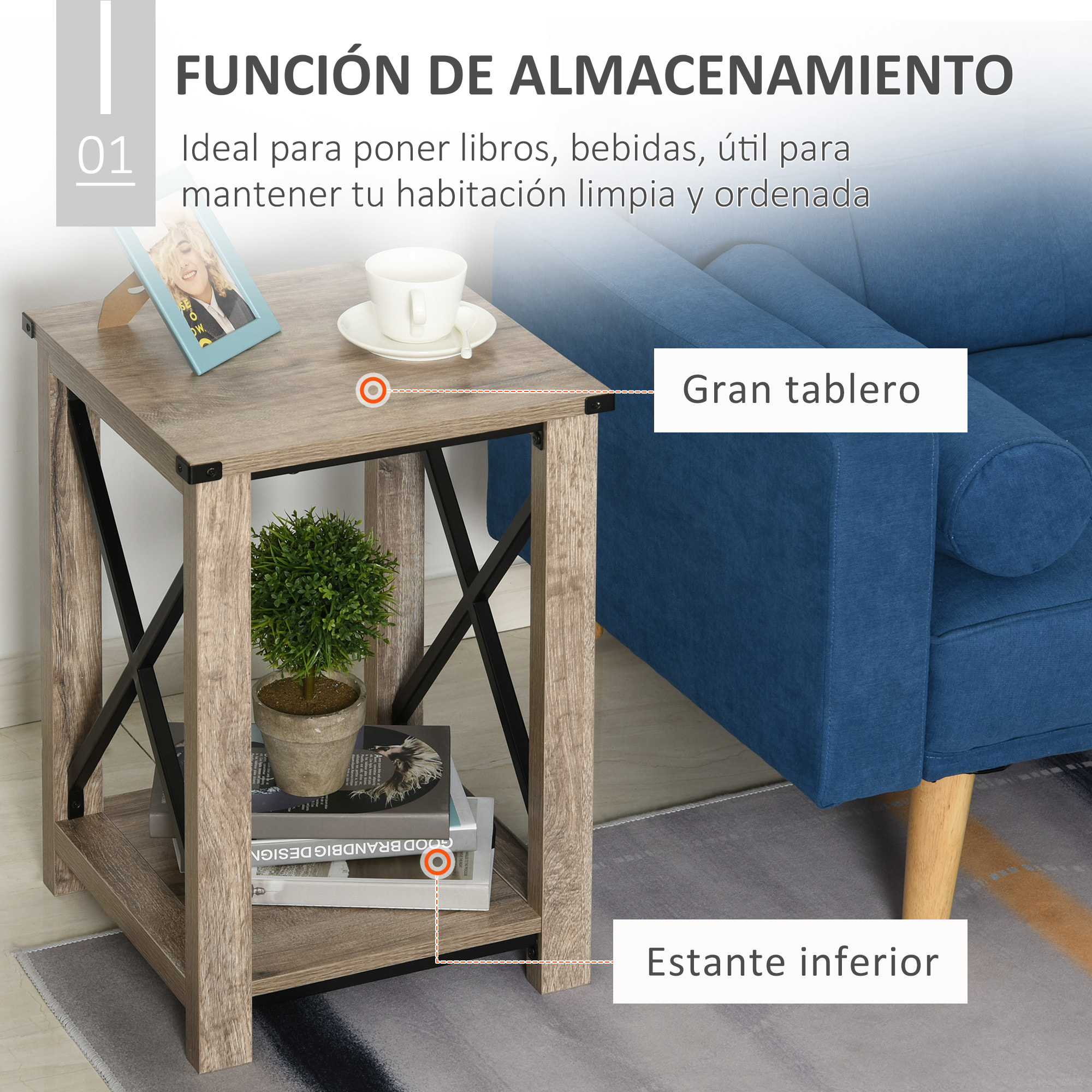 Mesa Auxiliar Retro Industrial con Estante Grano de Roble