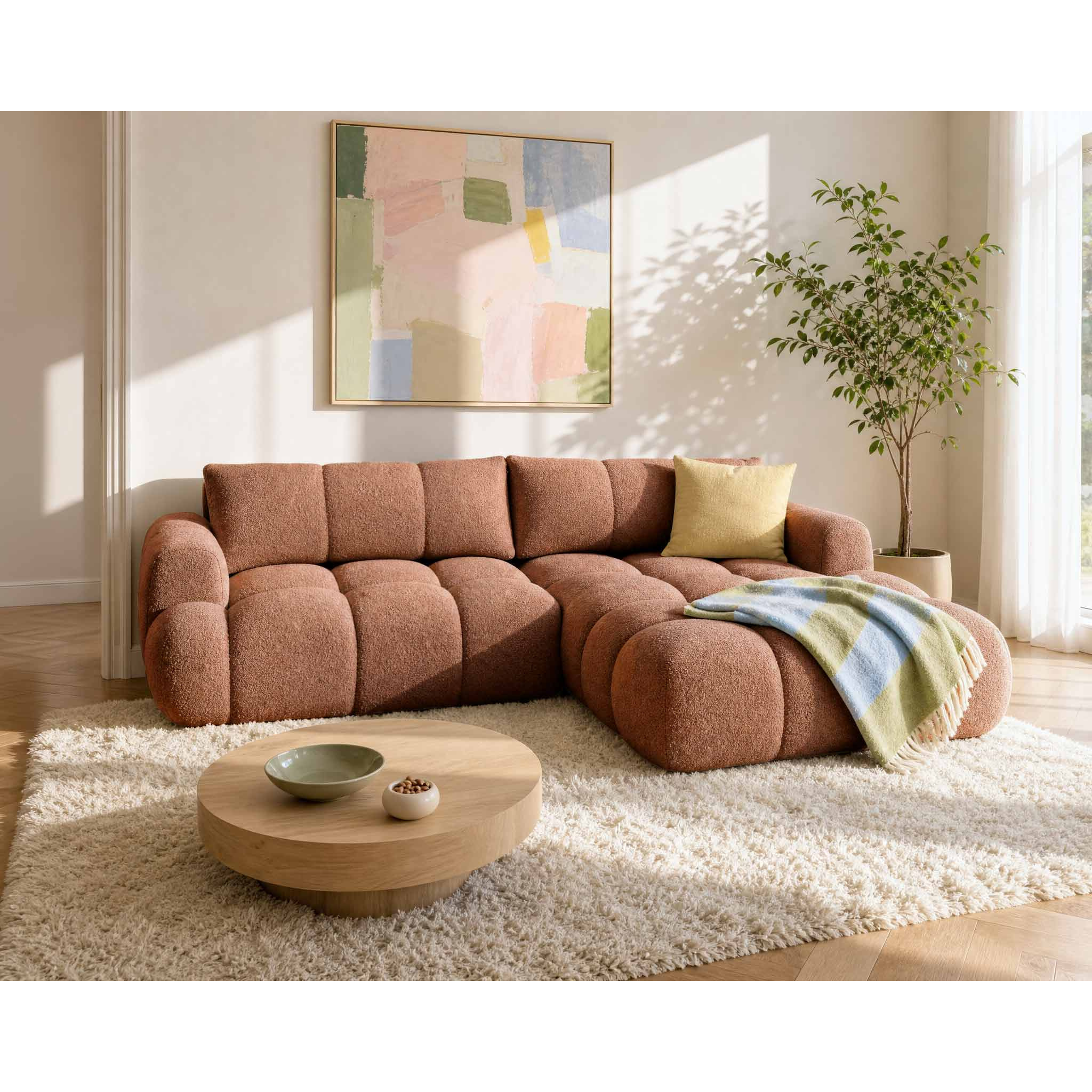 Yulin - Canapé d'angle droit 4 places convertible avec coffre en tissu bouclette - Rouille