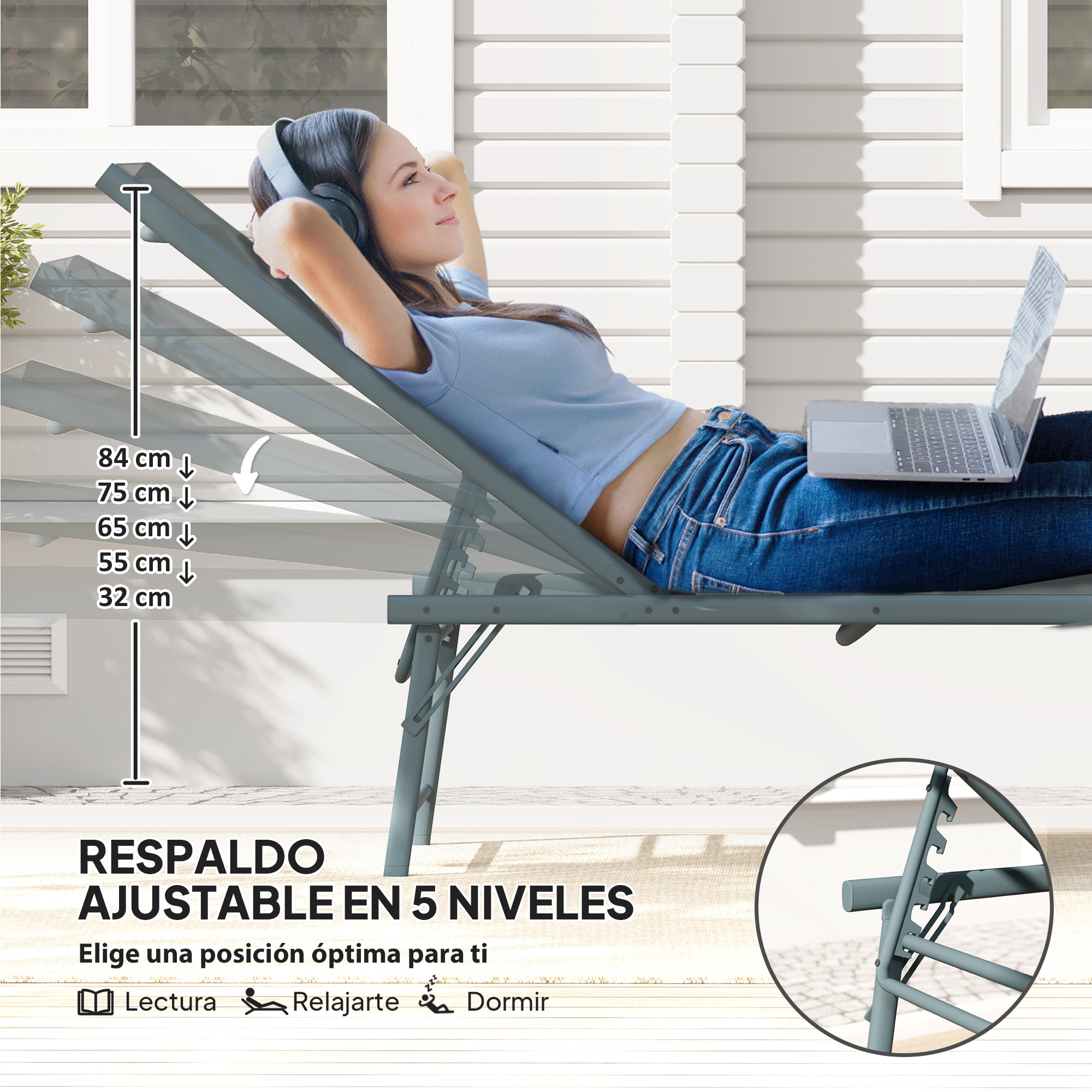 Pack de 2 Tumbonas Jardín Exterior Tumbonas Plegables Reclinables en 5 Posiciones con Estructura Metálica y Asiento de Malla Transpirable para Playa Piscina 164x54x84 cm Gris Claro