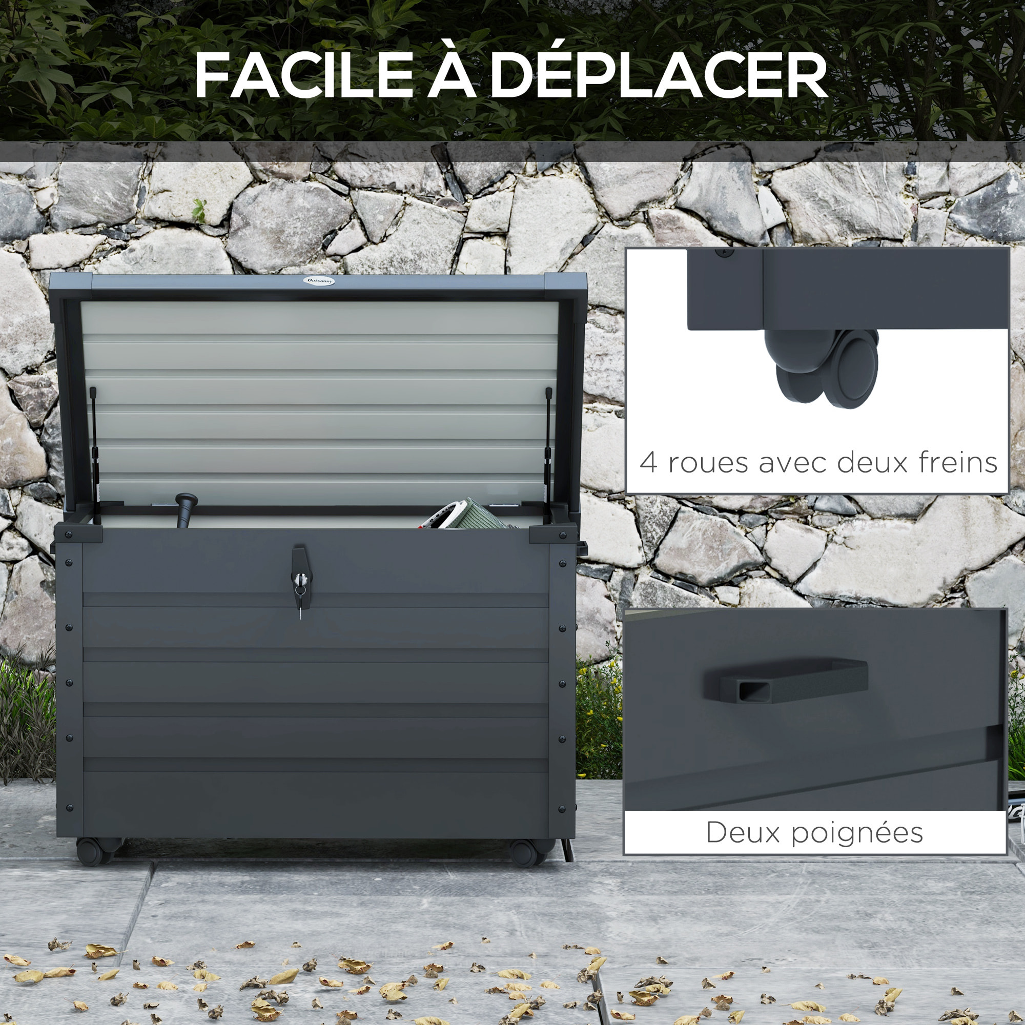 Coffre de jardin mobile 295L dim. 100x62x65cm verrouillable acier galvanisé anthracite