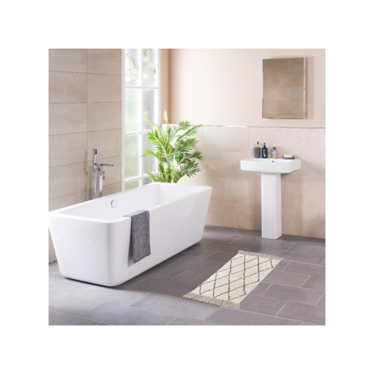 Tapis rectangulaire écru style berbère avec franges - MOMBA