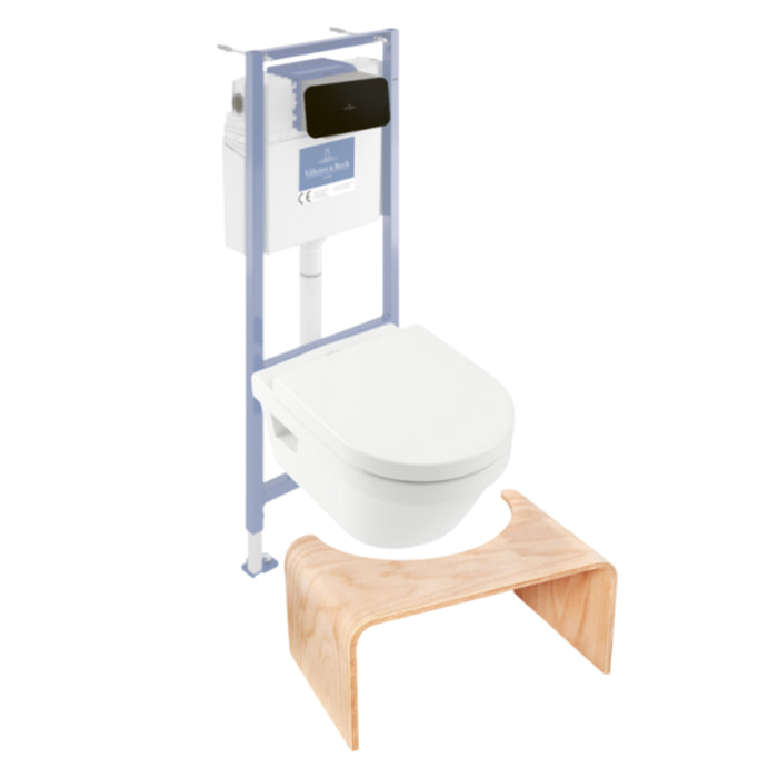 Pack WC sans bride Architectura avec abattant + bâti-support sol et mur Viconnect PRO + plaque noir mat  + Tabouret bois