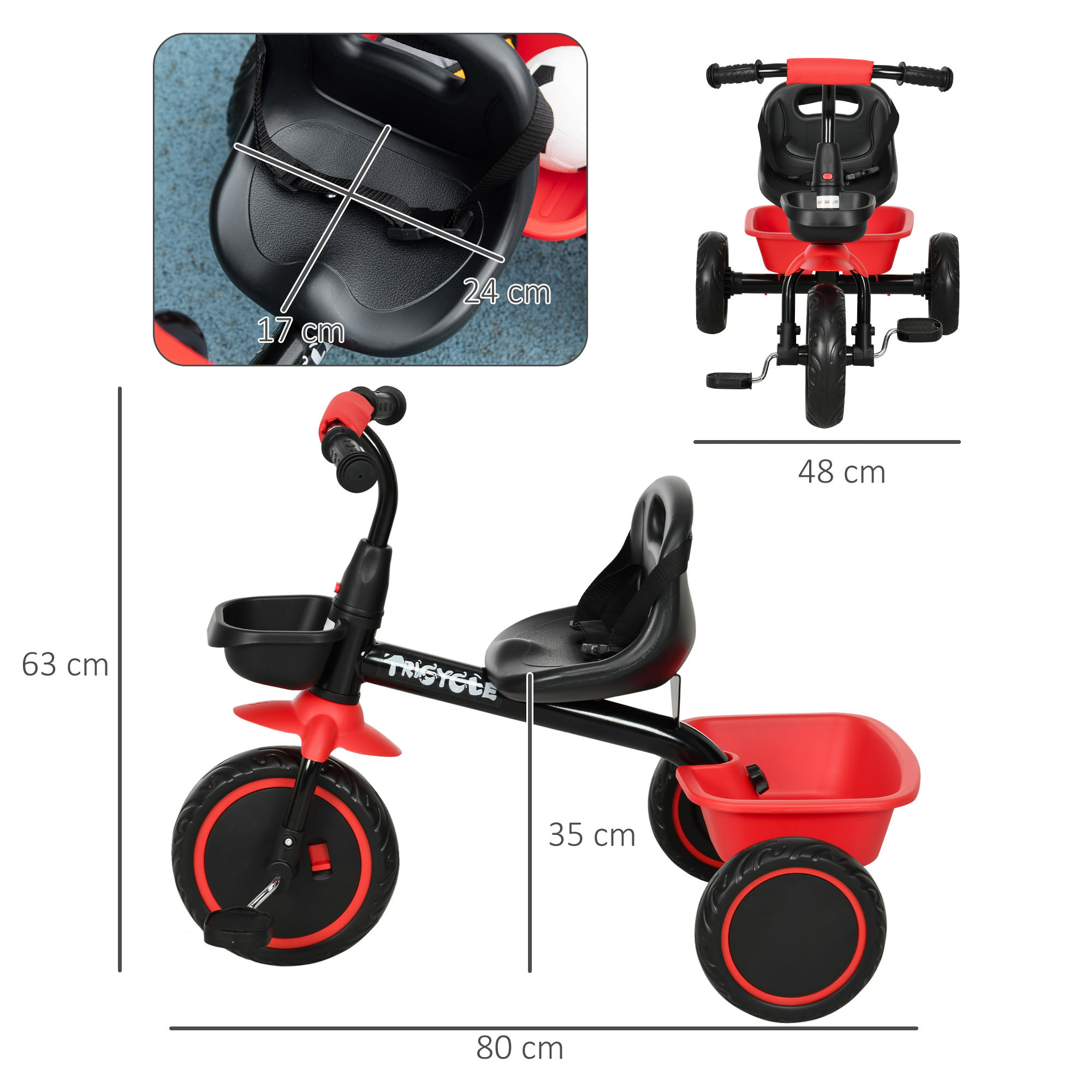 Tricycle pour enfant évolutif avec siège réglable - pédales - 2 paniers - ceinture - pour enfant de 2 à 5 ans - rouge et noir