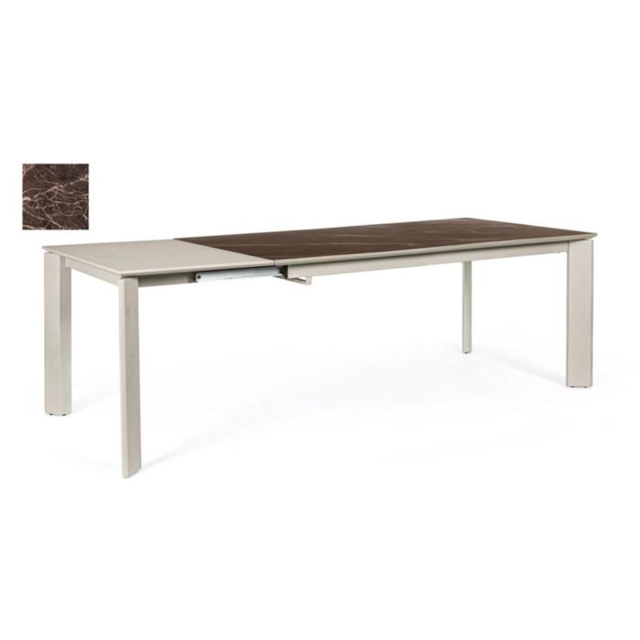 Tavolo BRIVA in acciaio tortora e piano in ceramica marrone, allungabile 160×90 cm – 220×90 cm