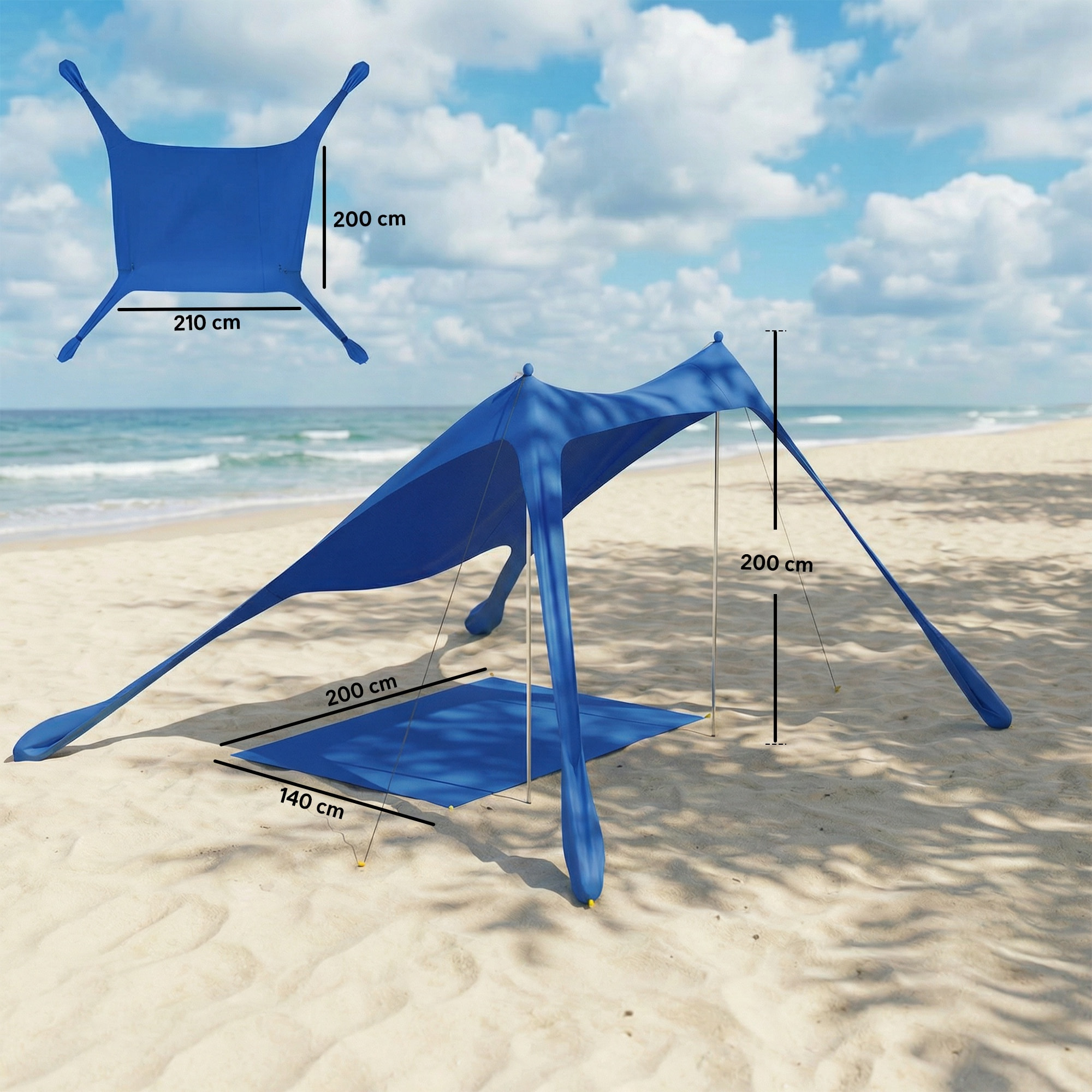 Carpa Playa Plegable 208x200 cm, Toldo Playa Portátil para 2-4 Personas con Esterilla, UPF50+, Postes de Aluminio, Pala, Estacas y Bolsa de Transporte Impermeable, para Camping, Pesca, Azul