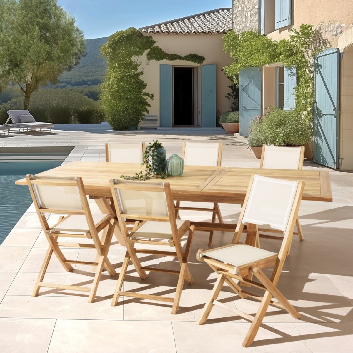 FUN - Ensemble de jardin en bois teck et textilène 8/10 personnes