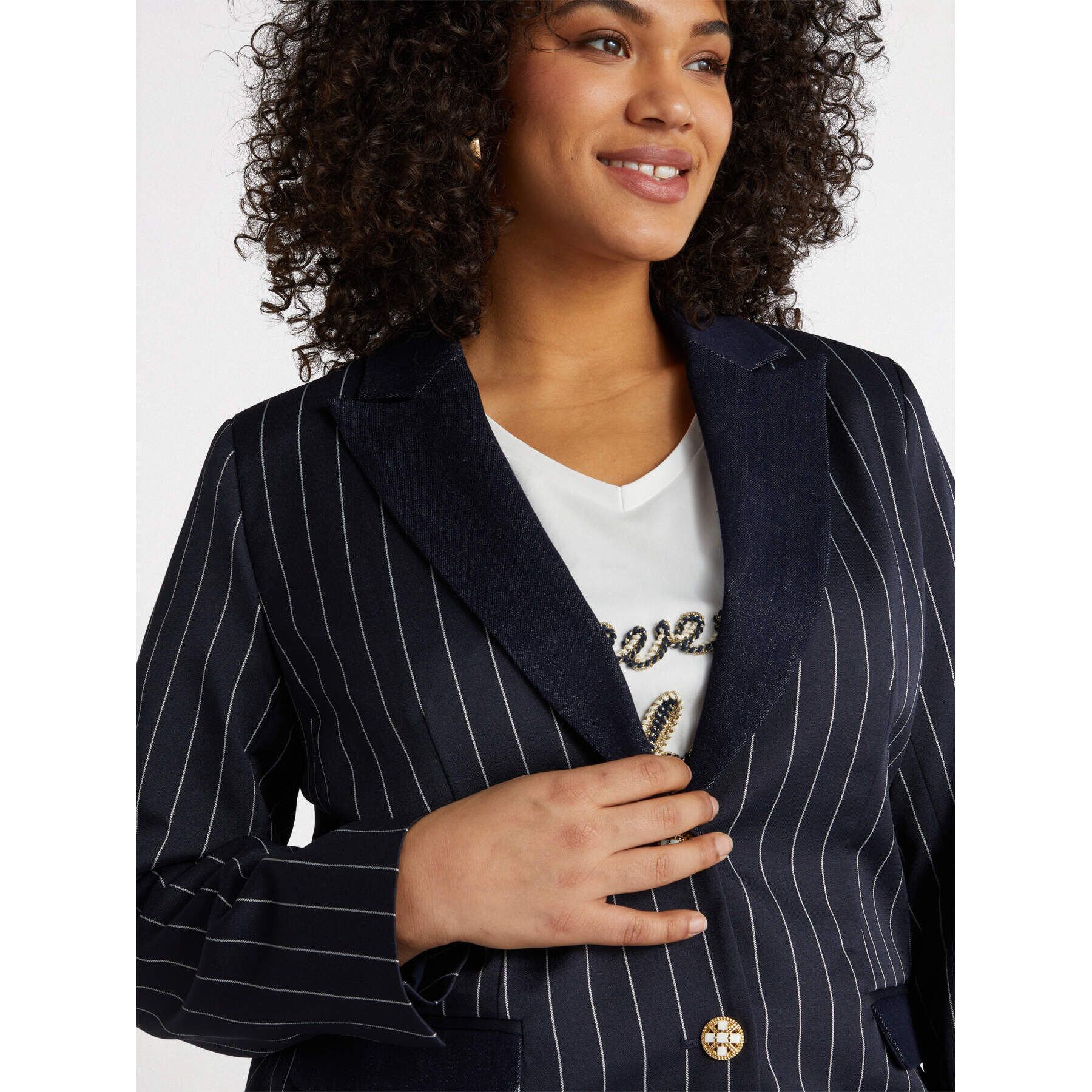 Fiorella Rubino - Blazer gessato con parti in denim - Blu