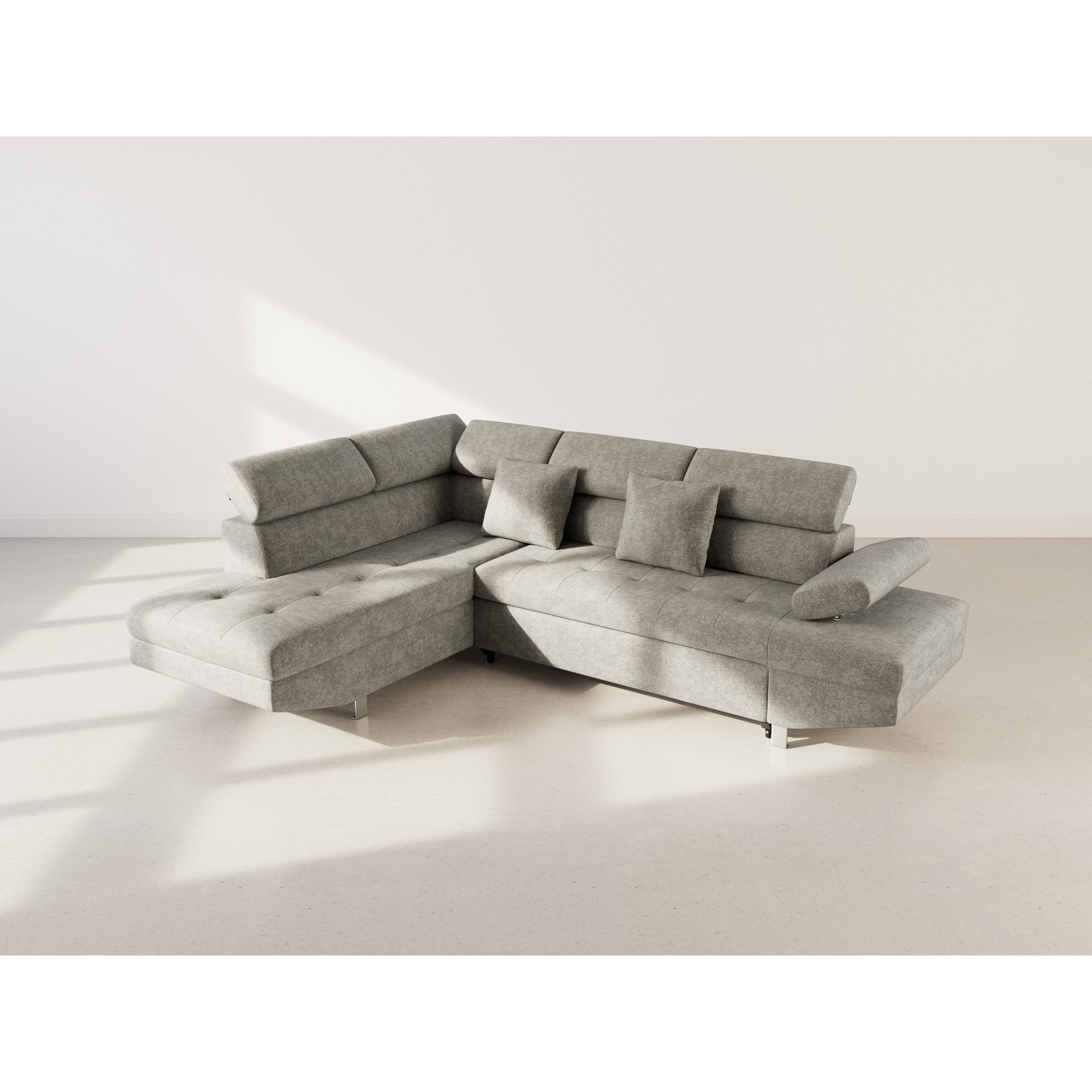 Margaux - Canapé d'angle gauche 5 places convertible avec coffre et têtières réglables en velours texturé - Vert