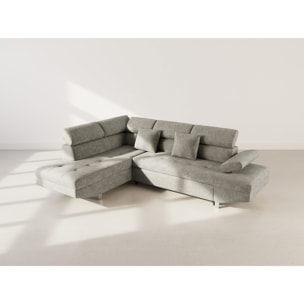 Margaux - Canapé d'angle gauche 5 places convertible avec coffre et têtières réglables en velours texturé - Vert