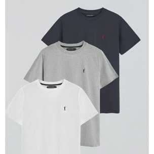 Pack hombre de tres camisetas en azul marino, blanco y gris vigoré con cuello redondo y bordado Rigby Go