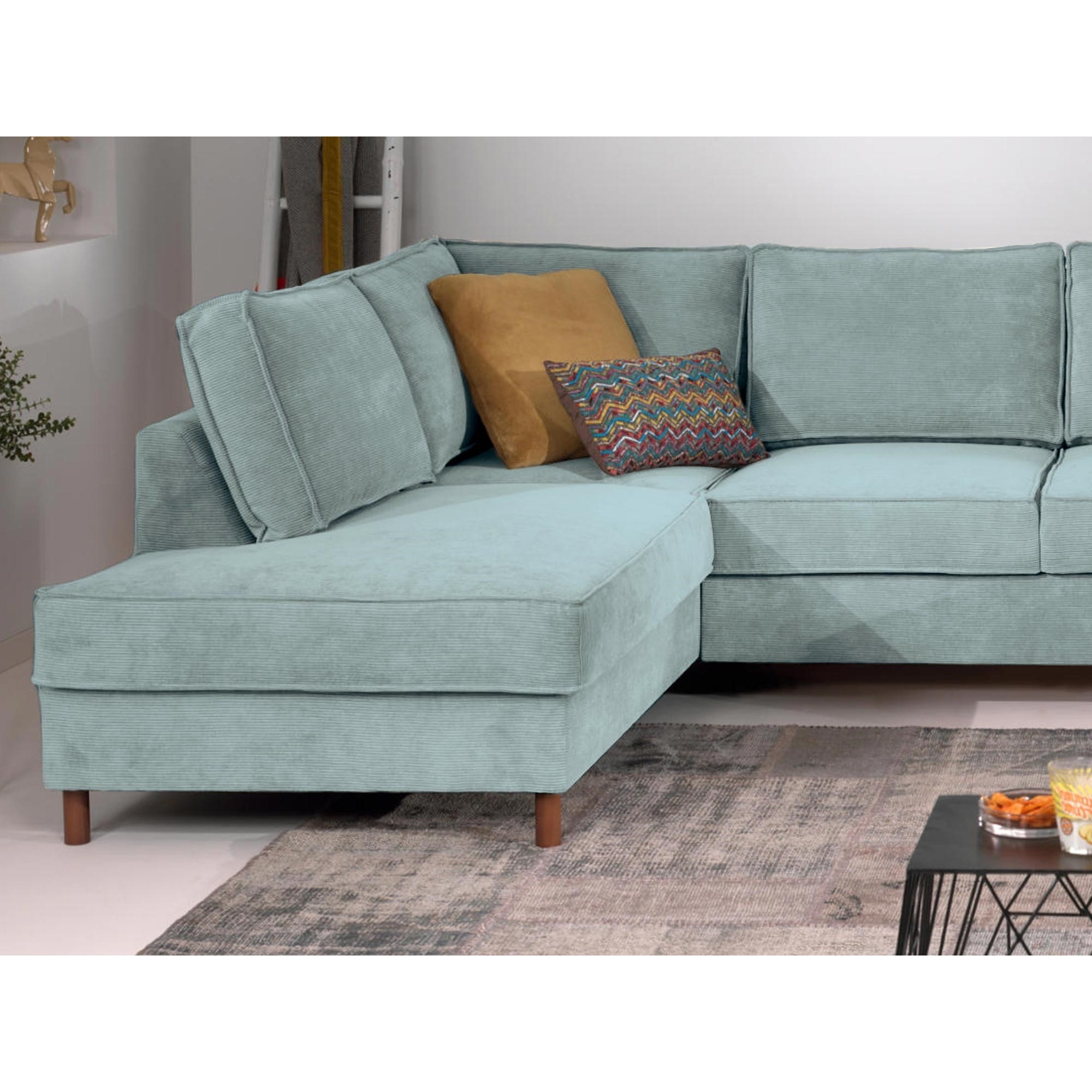 Jake - canapé panoramique d'angle gauche - convertible avec coffre - 7 places - en velours côtelé - Bleu