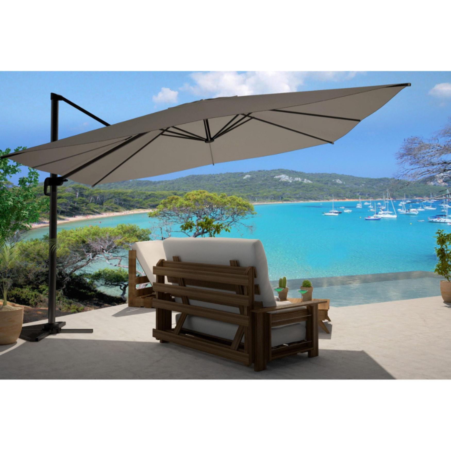 Parasol déporté et rotatif 3 x 4 m gris NAVIA