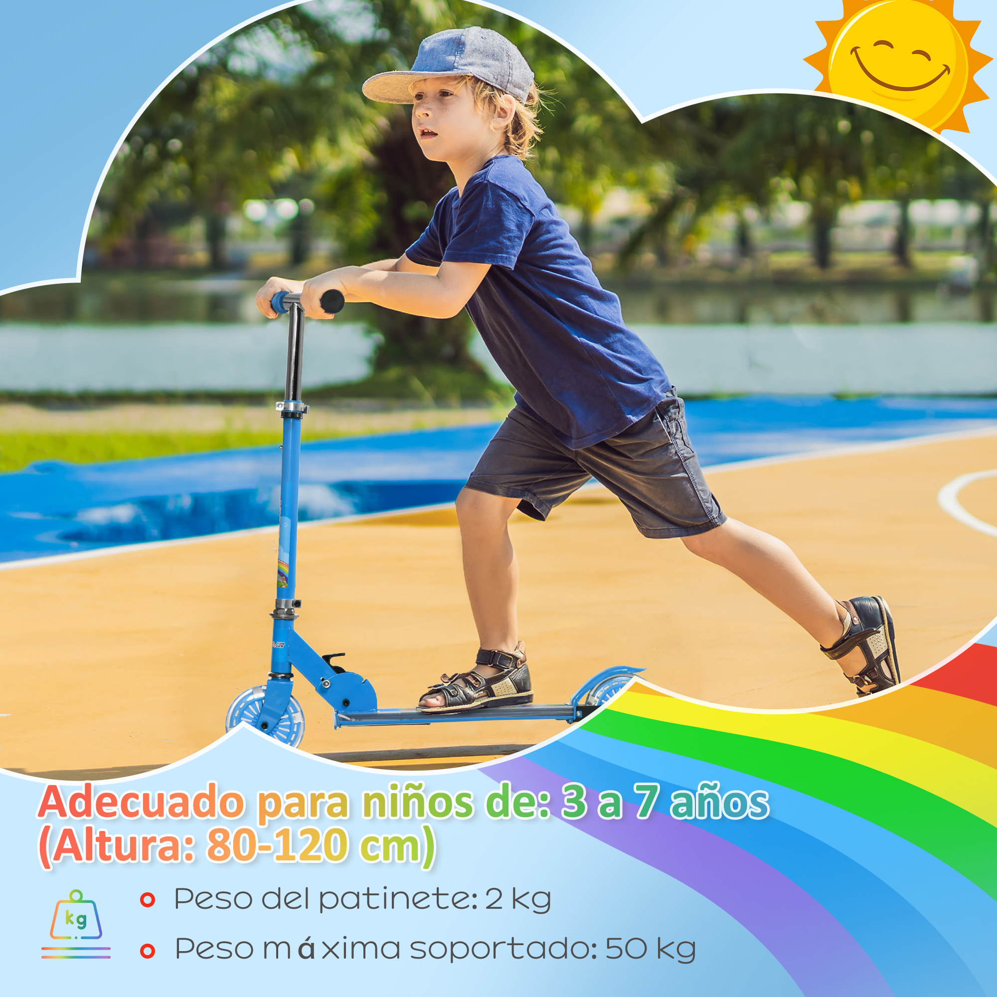 Patinete para Niños Plegable Patinete Infantil con Luces Música 4 Altura Ajustable Ruedas Brillantes Pedal LED para 3-7 Años Carga 50 kg 67x32x65-78 cm Azul