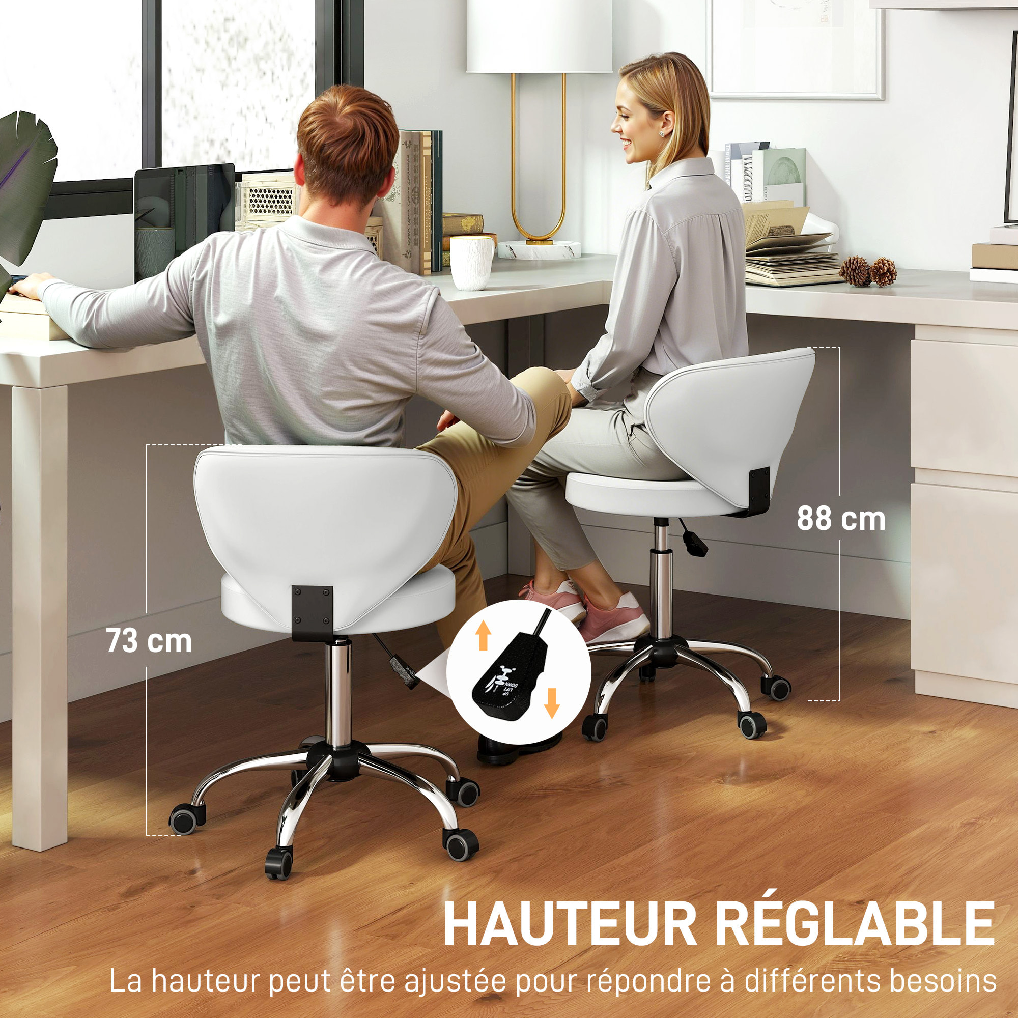 Tabouret de massage travail pivotant réglable 51-66H cm dossier ergonomique blanc