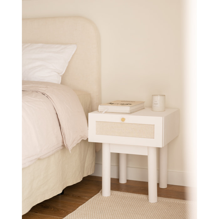 Chevet en bois massif et lin avec un tiroir en blanc de 40x45cm Hauteur: 45 Longueur: 40 Largeur: 37