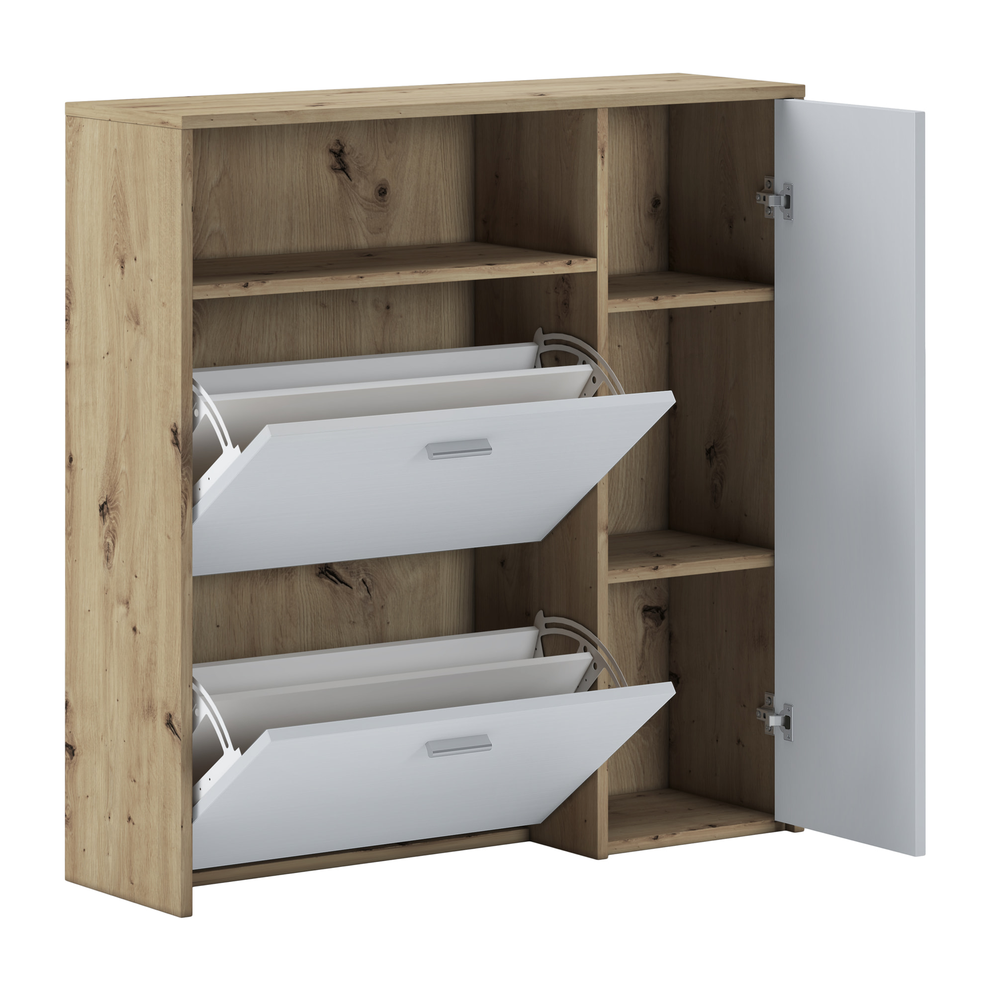 Scarpiera Mobile Portascarpe Salvaspazio Ingresso Con 2 Ribalte Doppia Profondità 4 Vani A Giorno Design Moderno 91.5x94x26.6 Cm Bianco Rovere