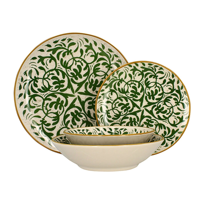 Service de table 48 pièces en grès blanc et vert HERACLEE