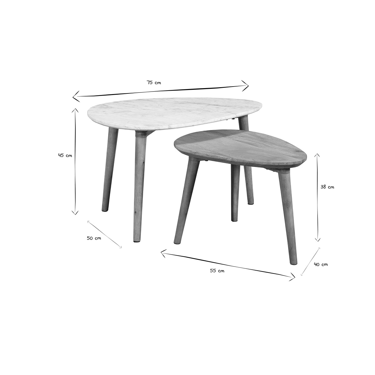 Tables basses gigognes marbre blanc et bois manguier massif (lot de 2) EVY