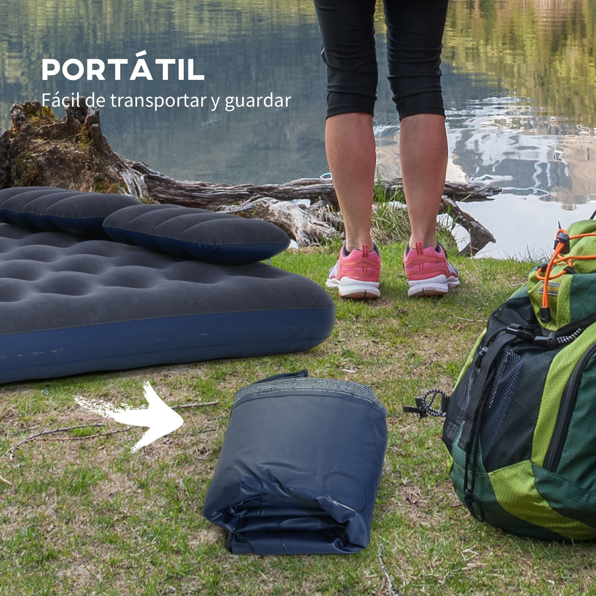 Colchón Hinchable Doble 191x137x22 cm con Inflador Manual Colchón Inflable Plegable con 2 Almohadas Integradas Superficie Flocado para Huéspedes Hogar Viajes Camping