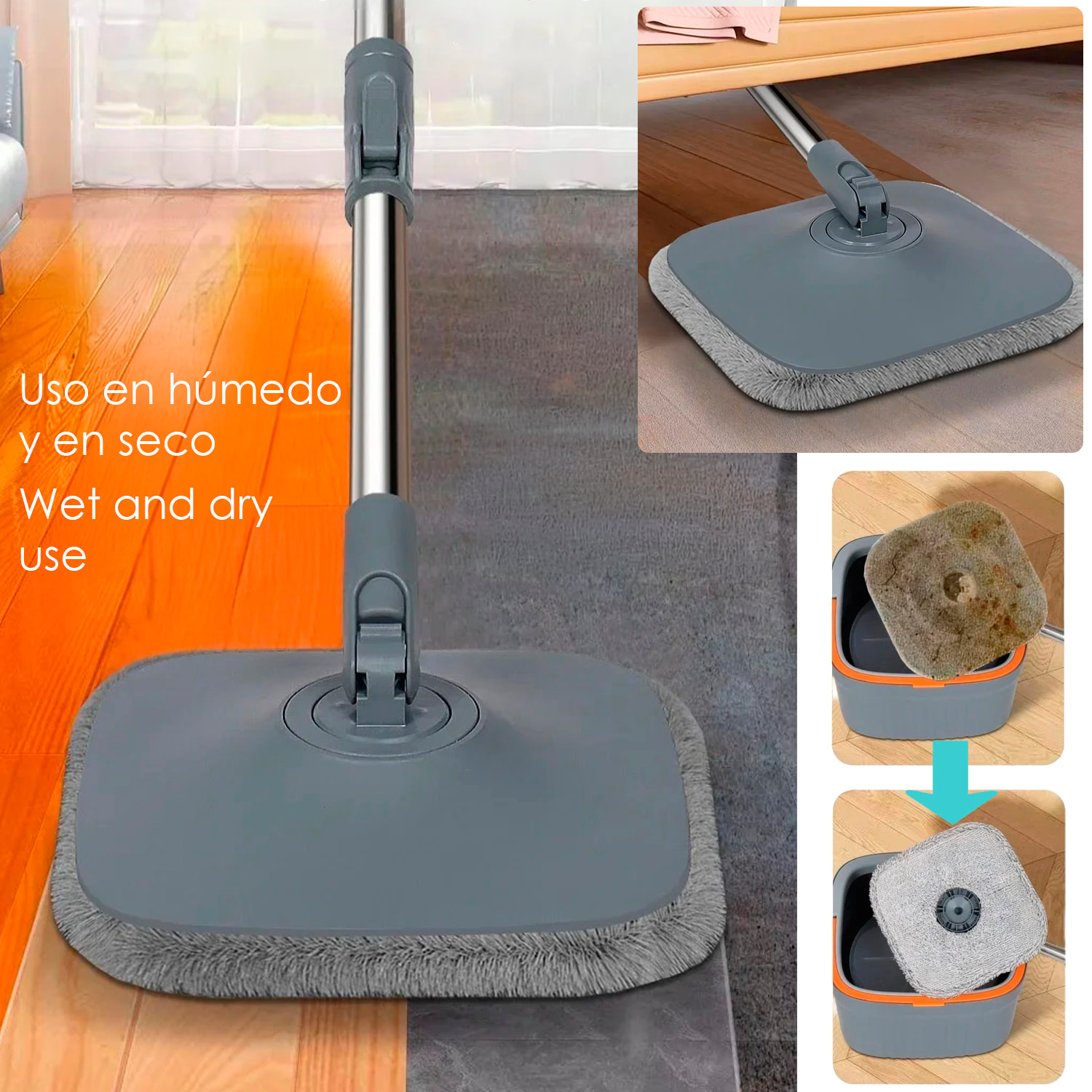 Mopa giratoria con cubo de separación de agua limpia y sucia, sistema manos libres y cabezal 360°. Apta para limpieza en seco y húmedo.