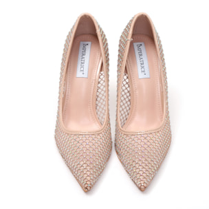 Dècolletè pumps in simil pelle con tomaia bucherellata ricoperta di strass