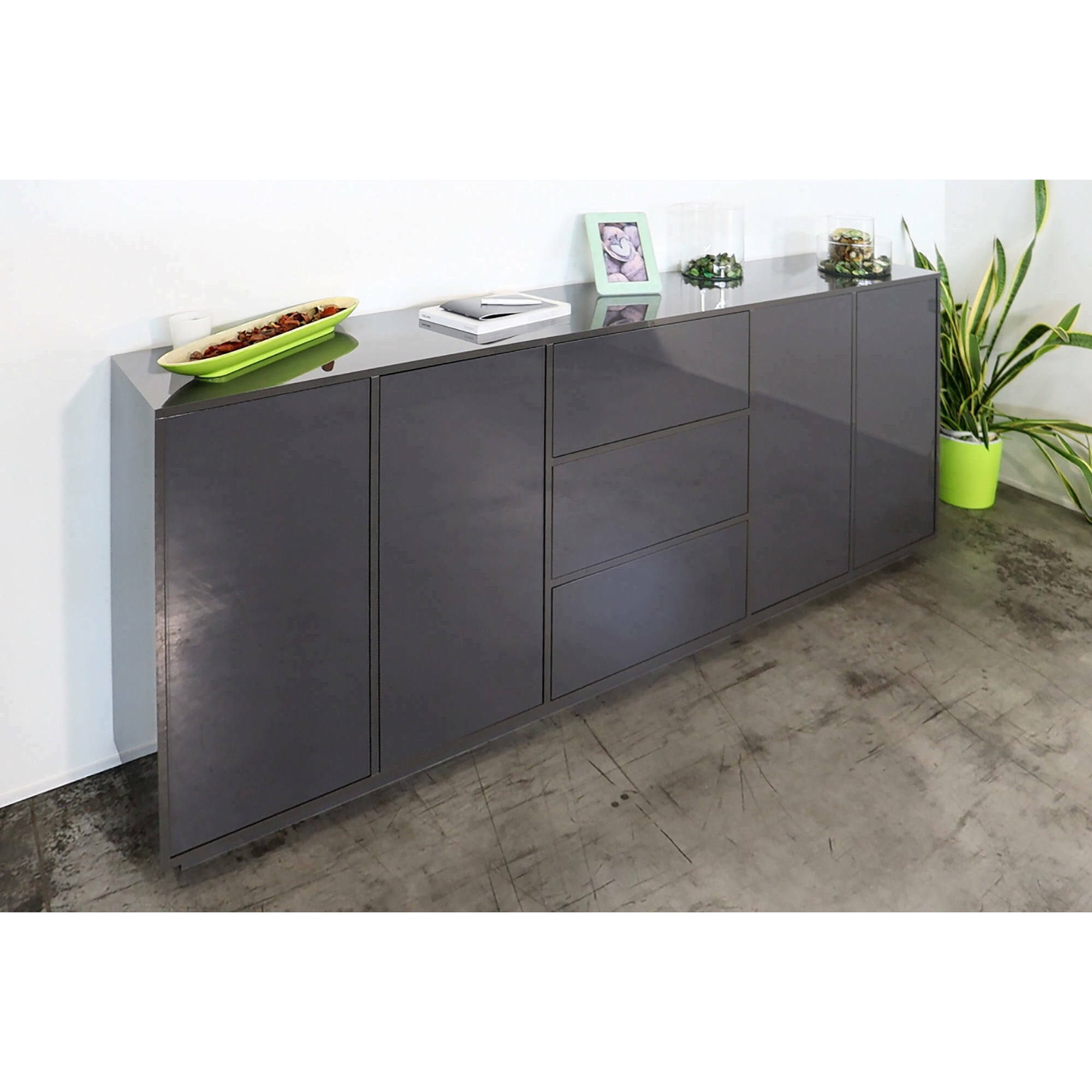 Credenza Jack, Madia da cucina a 4 ante e 3 cassetti, Buffet da soggiorno, 100% Made in Italy, cm 220x41h86, Antracite lucido