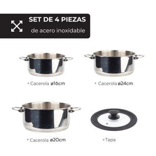 Set de batería de cocina en acero inoxidable + 3 sartenes ø18ø22ø26cm en aluminio prensado + 5 boles de cristal con tapas san ignacio