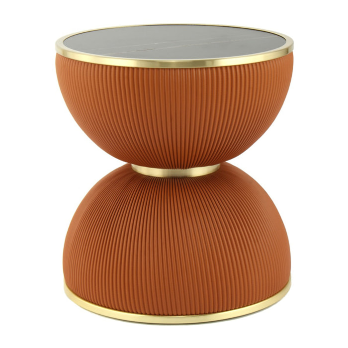 Tavolino di design Jokai in pietra sinterizzata e pelle PU cognac