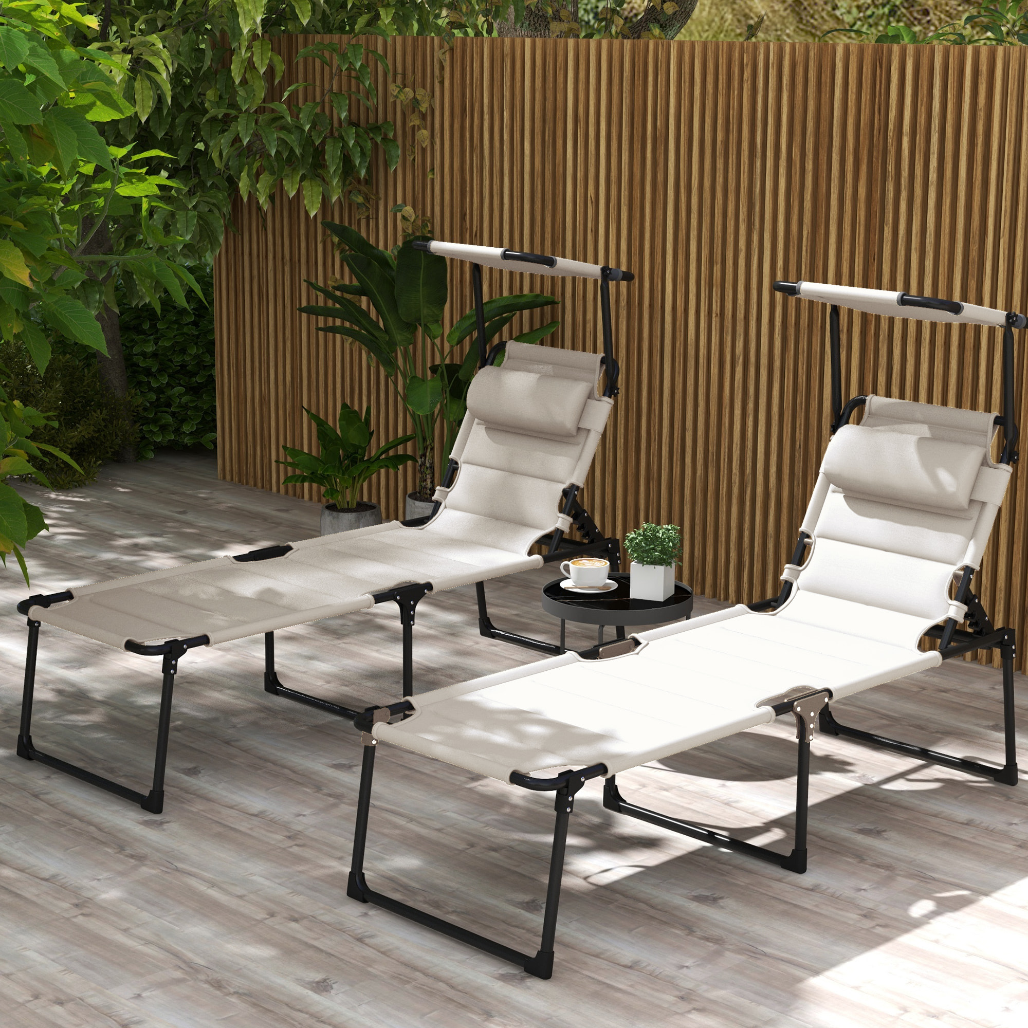 Lot de 2 bains de soleil transats pliables réglables avec pare-soleil blanc cassé