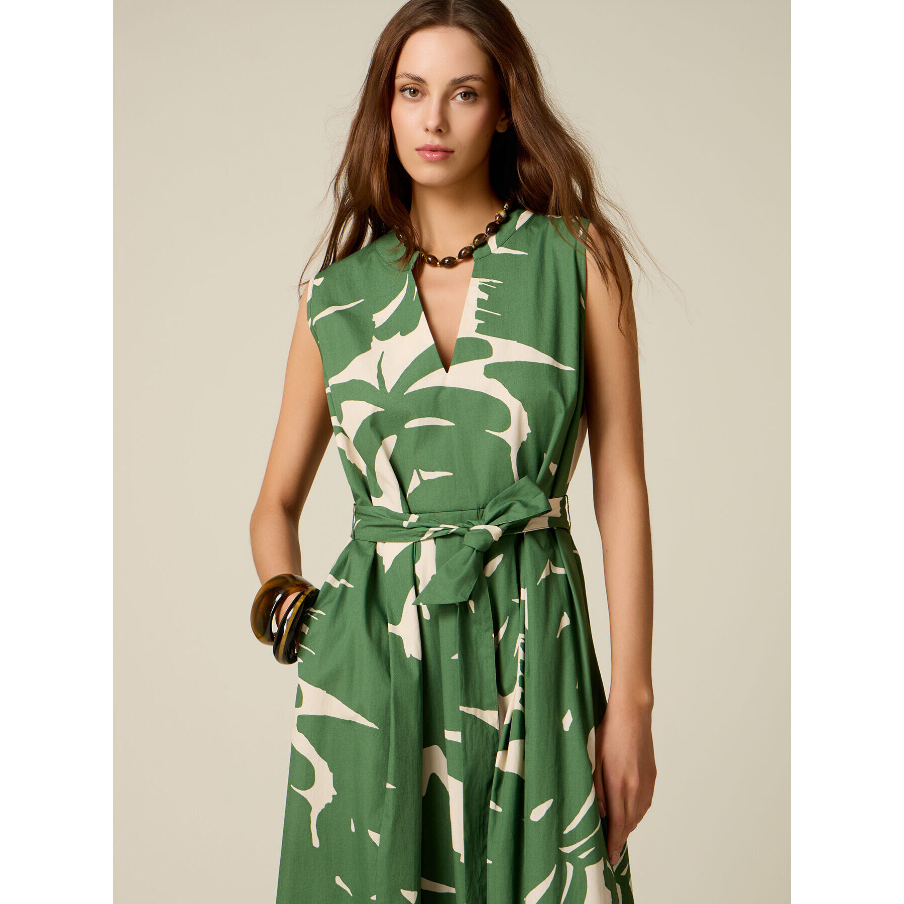 Oltre - Vestido flare en popelina estampada - Verde