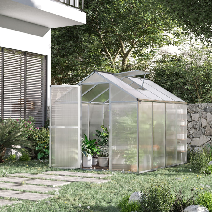 Serre de jardin aluminium polycarbonate 4,6 m² dim. 2,42L x 1,9l x 1,95H m fondation lucarne porte loquet