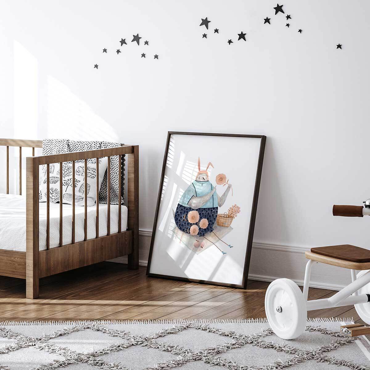 Affiche enfant pigeon aux fleurs  Affiche + cadre en bois - Noir