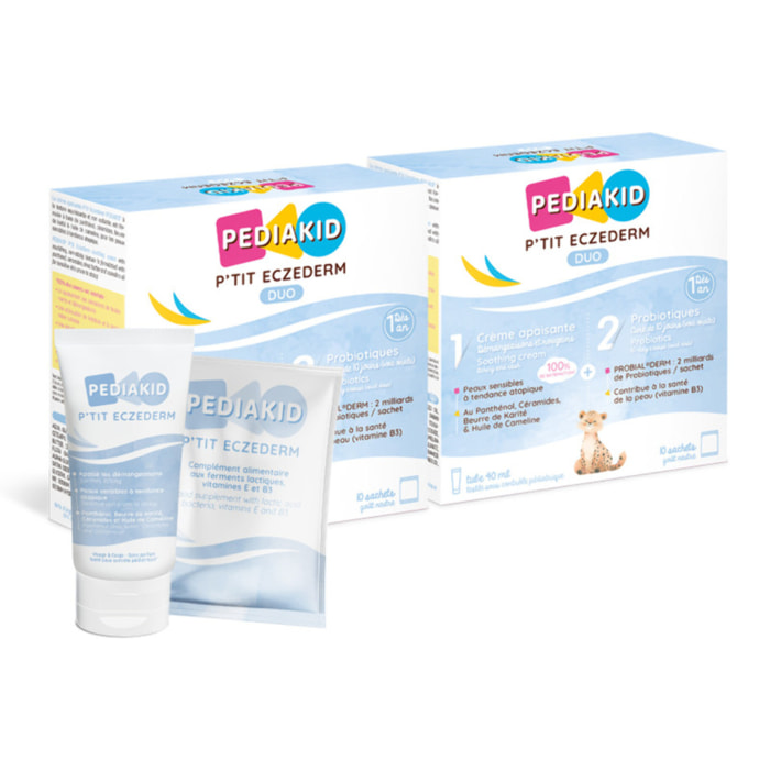 PEDIAKID - P'tit Eczederm Duo - Duo complet IN & OUT - Complément alimentaire probiotiques & crème apaisante naturelle - Peau sensible & sèche -  21 sachets + 1 tube - Lot de 2