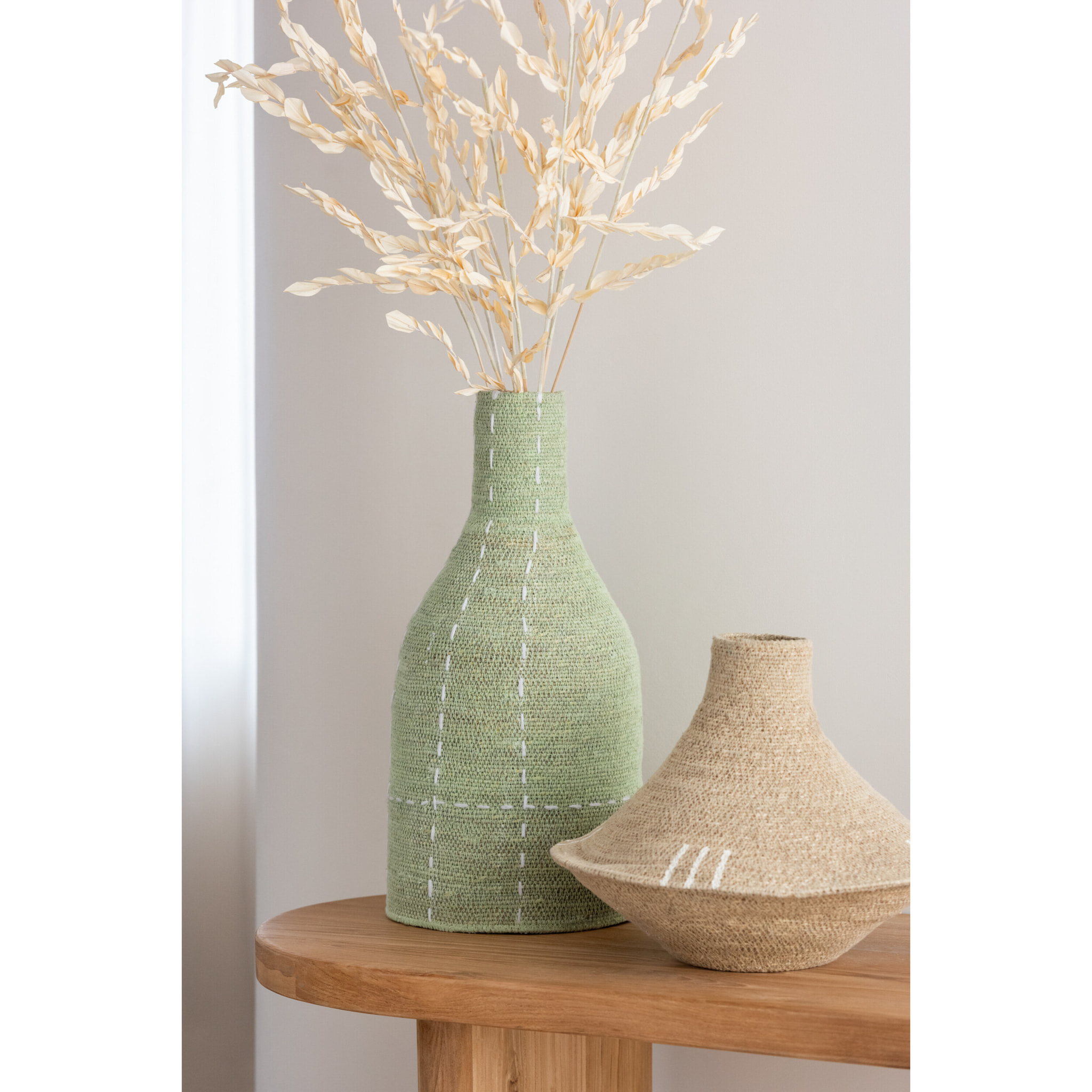 J-Line Vase Forme Boutielle Pointilles Lignes Jonc De Mer Vert/Blanc