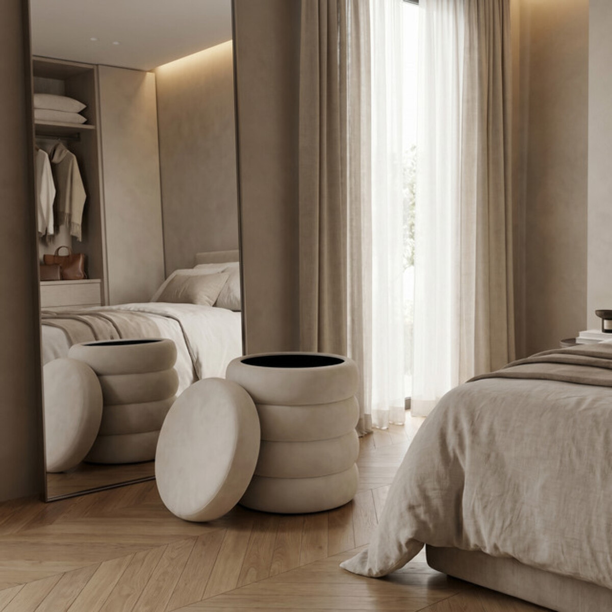 Pouf Contenitore Rotondo in Velluto con Coperchio, Seduta Imbottita con Vano Contenitore Salvaspazio dallo Stile Elegante per Soggiorno, Camera da Letto e Ingresso