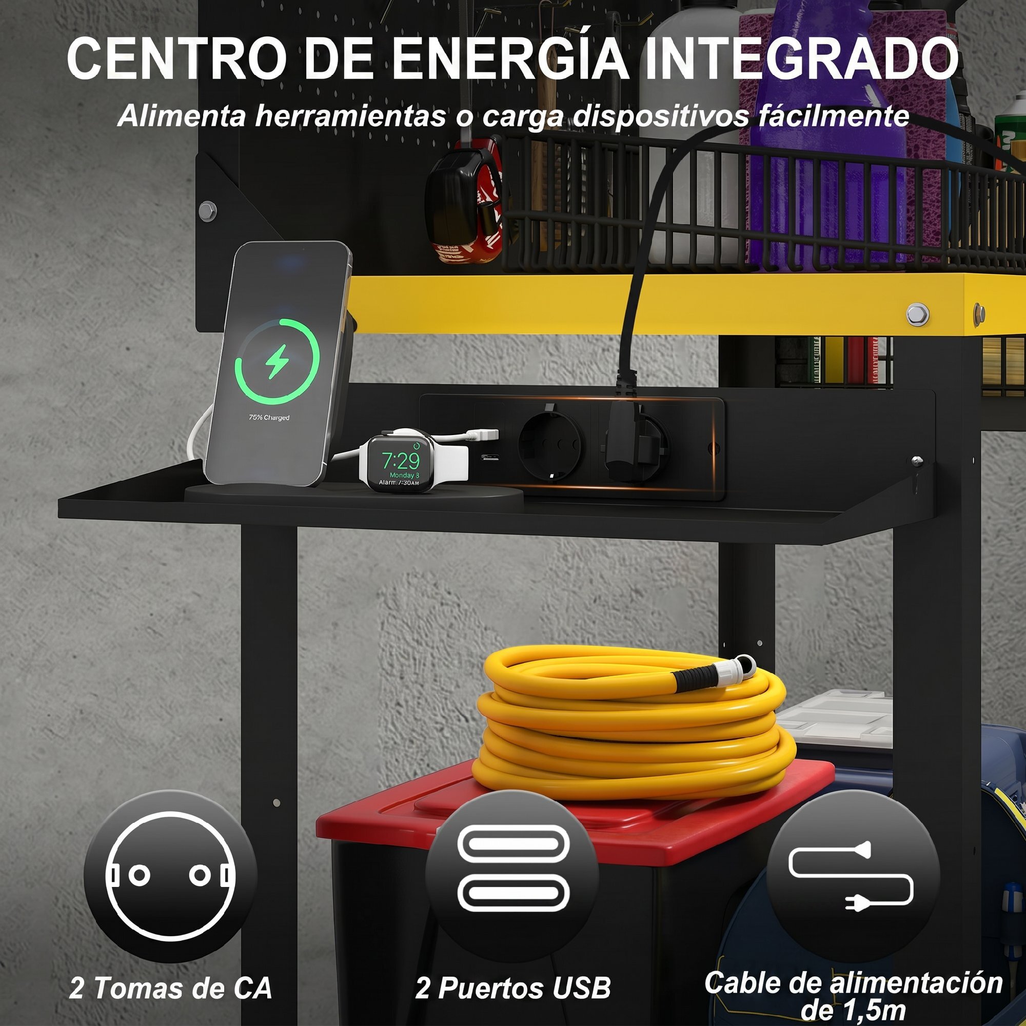 Banco de Trabajo con Panel Perforado y Ruedas, Mesa de Trabajo con Enchufes, USB, Luz LED y Estructura Metálica, Carga 300 kg, Banco para Garaje o Taller, 128x49,5x127,5 cm, Negro y Amarillo