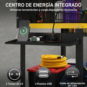 Banco de Trabajo con Panel Perforado y Ruedas, Mesa de Trabajo con Enchufes, USB, Luz LED y Estructura Metálica, Carga 300 kg, Banco para Garaje o Taller, 128x49,5x127,5 cm, Negro y Amarillo