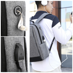 DAM Mochila multi compartimento porta Laptop 15,6''. Alta resistencia. Toma USB externa, salida de auriculares. 30x12x40 Cm. Color: Gris