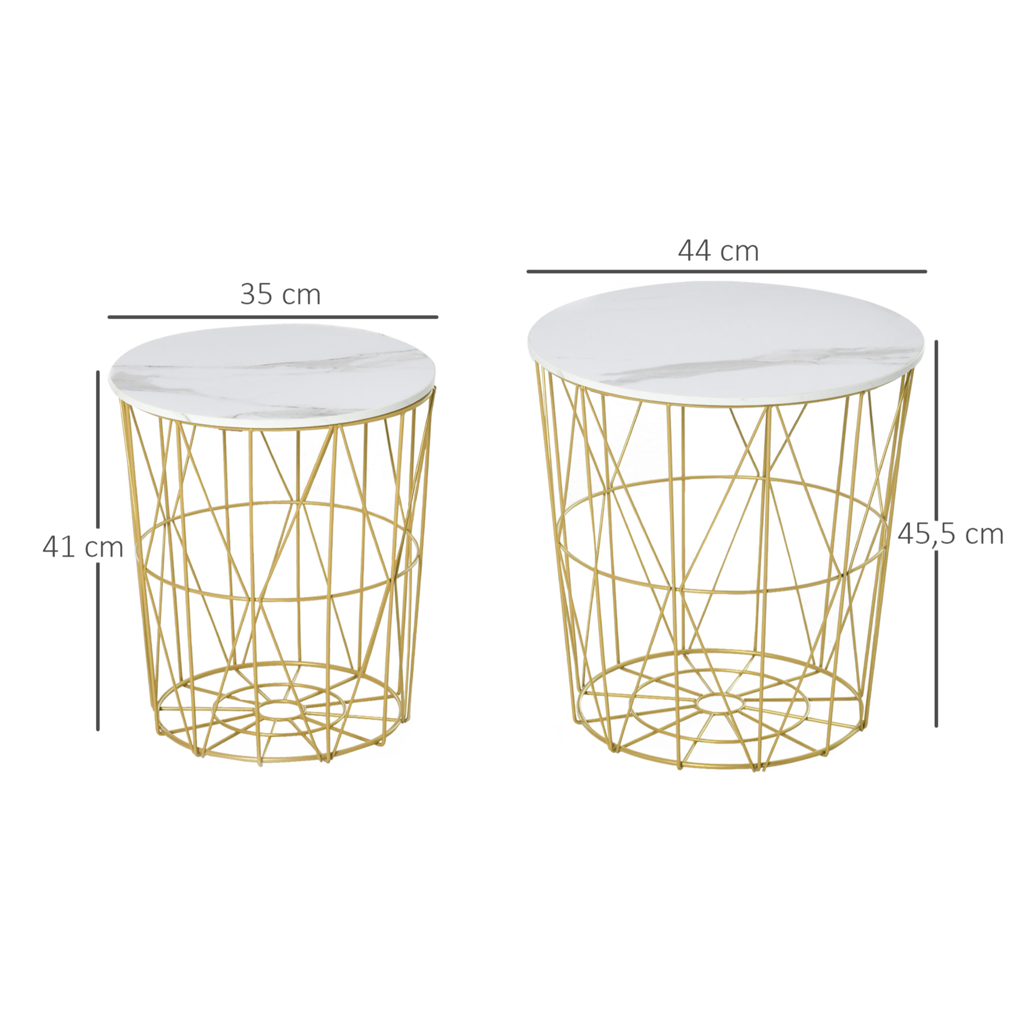 Lot de 2 tables basses gigognes - tables d'appoint rondes encastrables style néo-rétro bicolore structure métal doré plateau MDF aspect marbre blanc