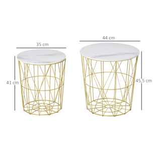 Lot de 2 tables basses gigognes - tables d'appoint rondes encastrables style néo-rétro bicolore structure métal doré plateau MDF aspect marbre blanc