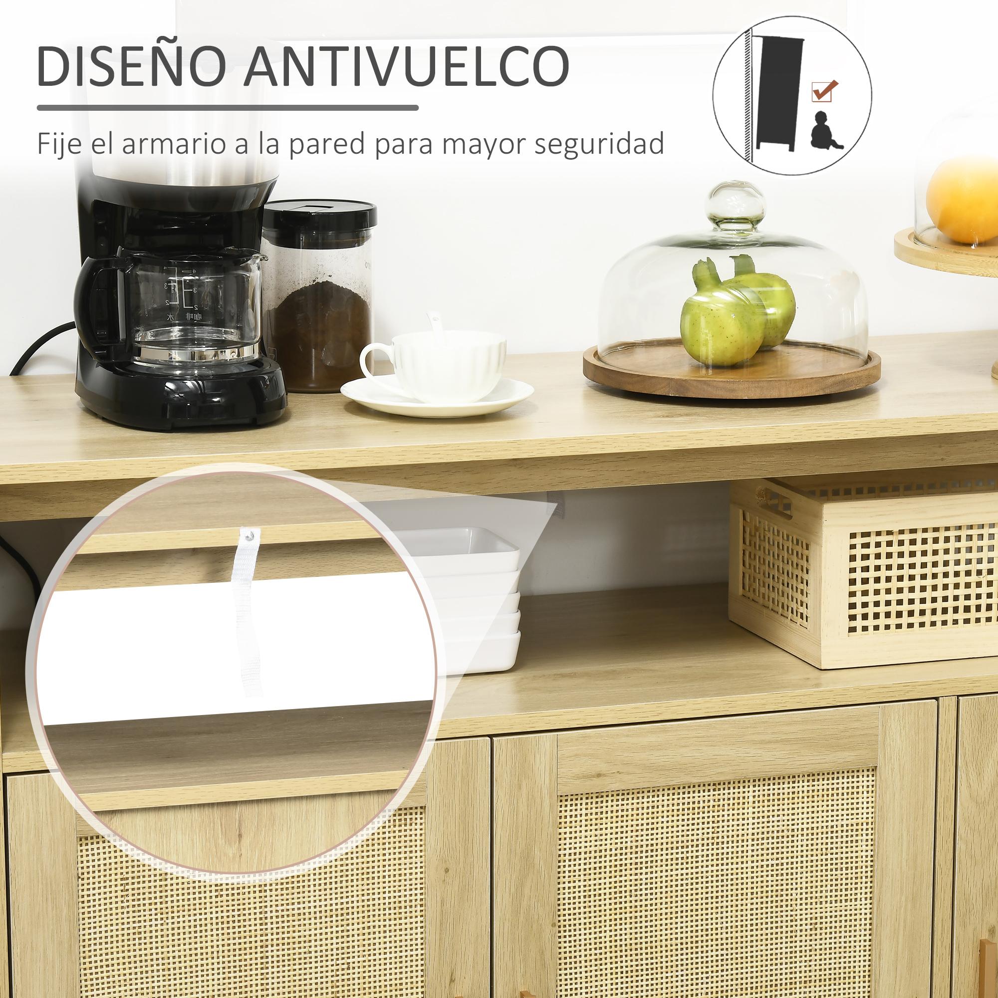 Aparador de Cocina de Estilo Boho Mueble Buffet Auxiliar con 3 Puertas de Ratán Estantes Ajustables y Patas de Madera para Salón Comedor 120x40x97 cm Natural