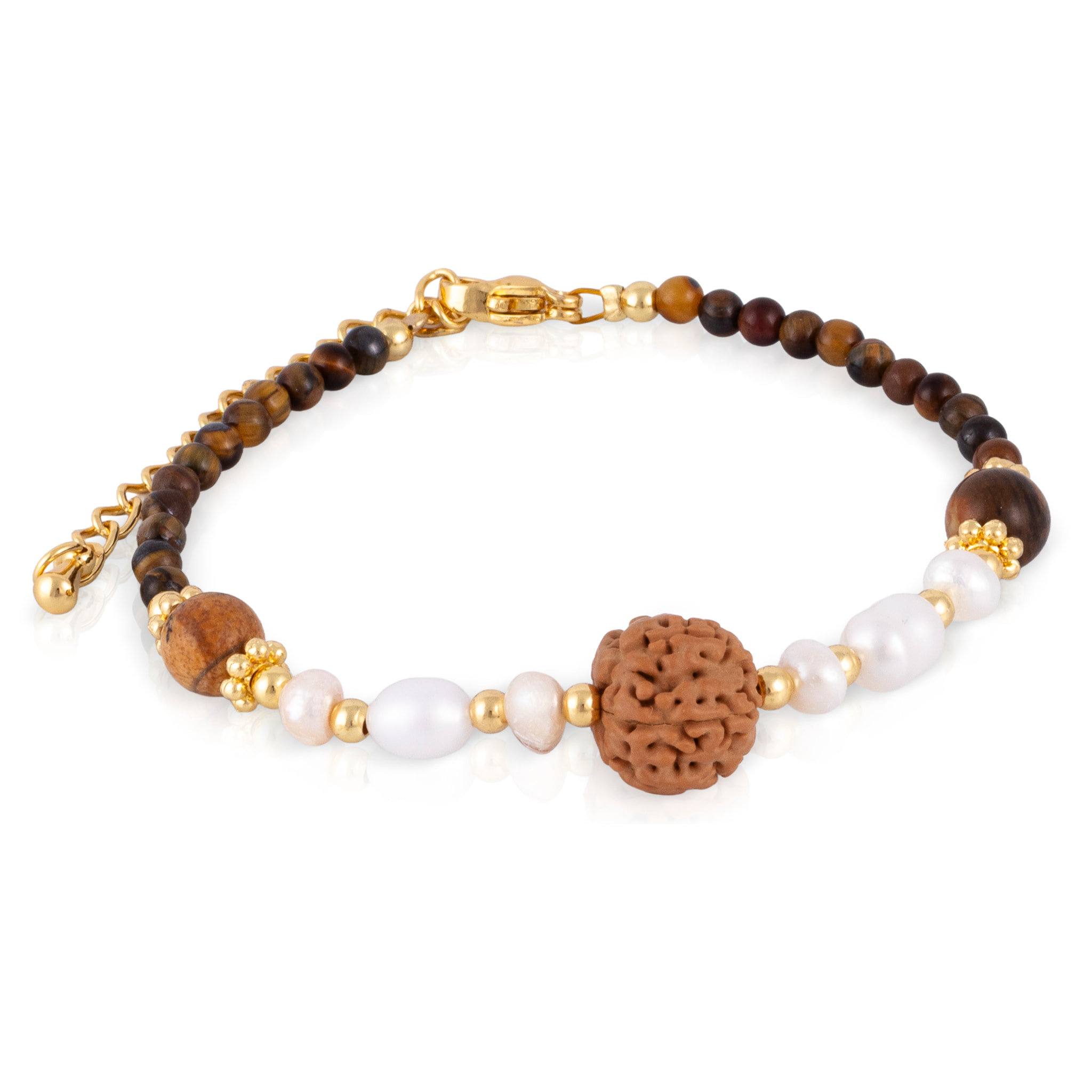 Pulsera de ojos de tigre, perlas naturales y semilla de Buda, con cierre de mosquetón.