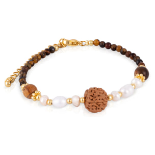 Pulsera de ojos de tigre, perlas naturales y semilla de Buda, con cierre de mosquetón.