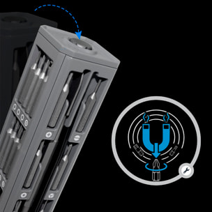 Juego de destornillador de precisión 44 en 1 con rosca giratoria y puntas magnéticas incluidas en funda de aluminio.